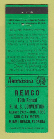 Matchbook Cover - REMCO Match Club RMS 1959 Miami Beach Perkins Americana GREEN