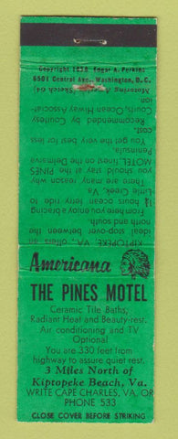 Matchbook Cover - Pines Motel Kiptopeke Beach VA  Perkins Americana GREEN