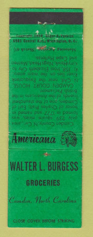 Matchbook Cover - Burgess Grocery Camden NC WEAR Perkins Americana GREEN