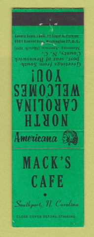 Matchbook Cover - Mack's Cafe Southport NC Perkins Americana GREEN