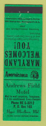 Matchbook Cover - Andrews Field Motel Upper Marlboro MD Perkins Americana GREEN
