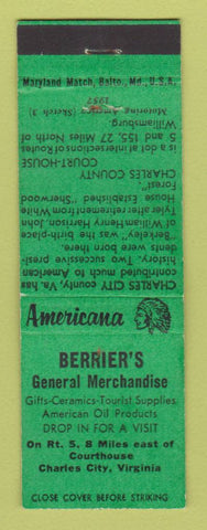 Matchbook Cover Berrier's General Store Charles City VA Perkins Americana GREEN