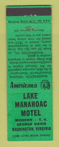 Matchbook Cover - Lake Manahoac Motel Washington VA Perkins Americana GREEN