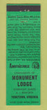 Matchbook Cover - Monument Lodge Yorktown VA Perkins Americana GREEN