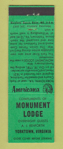 Matchbook Cover - Monument Lodge Yorktown VA Perkins Americana GREEN