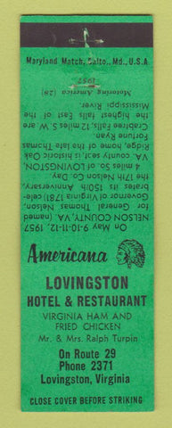 Matchbook Cover - Lovingston Hotel Restaurant VA Perkins Americana GREEN