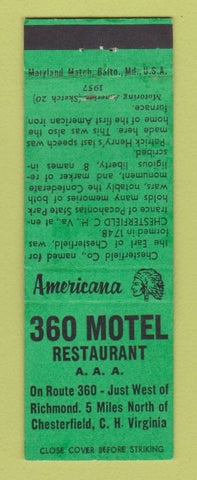 Matchbook Cover - 360 Motel Restaurant Chester VA Perkins Americana GREEN