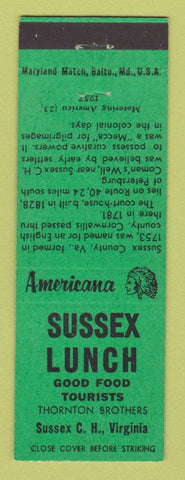Matchbook Cover - Sussex Lunch Court House VA WEAR Perkins Americana GREEN