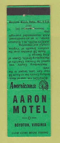 Matchbook Cover - Aaron Motel Boydton VA Perkins Americana GREEN