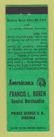 Matchbook Cover - Francis Buren Store Prince Gorge VA Perkins Americana GREEN