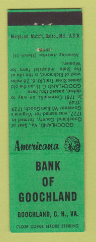 Matchbook Cover - Bank of Goochland VA WEAR Perkins Americana GREEN
