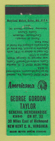 Matchbook Cover - Taylor Store Esso oil gas New Kent VA Perkins Americana GREEN