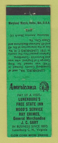 Matchbook Cover - Lunenburg's Free State Inn VA Perkins Americana GREEN