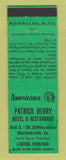 Matchbook Cover - Patrick Henry Hotel Louisa VA Perkins Americana GREEN