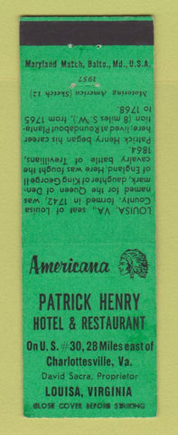 Matchbook Cover - Patrick Henry Hotel Louisa VA Perkins Americana GREEN