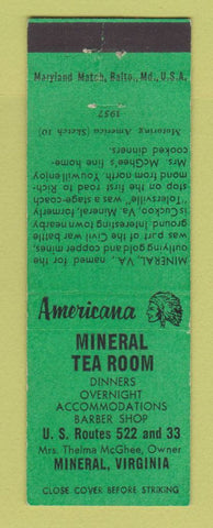 Matchbook Cover - Mineral Tea Room Mineral VA Perkins Americana GREEN