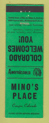 Matchbook Cover - Mino's Place Conejos Colorado Perkins Americana GREEN