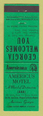 Matchbook Cover - Americus Motel GA Perkins Americana GREEN