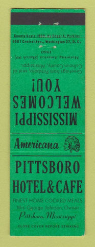 Matchbook Cover - Pittsboro Hotel Cafe MS Perkins Americana GREEN