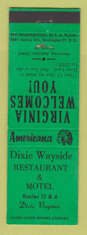 Matchbook Cover Dixie Wayside Restaurant Dixie VA motel Perkins Americana GREEN