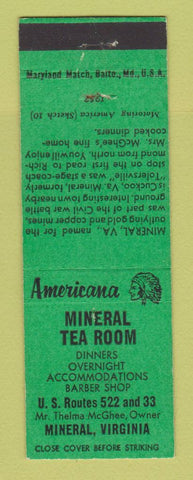 Matchbook Cover - Mineral Tea Room Mineral VA Perkins Americana GREEN