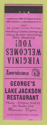 Matchbook Cover - Jackson Lake Restaurant Manassas VA Perkins Americana PINK