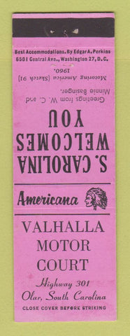 Matchbook Cover - Valhalla Motor Court Olar SC Perkins Americana PINK