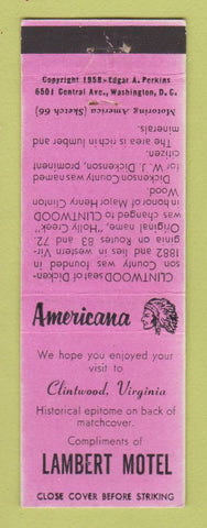 Matchbook Cover - Lambert Motel Clintwood VA Perkins Americana PINK