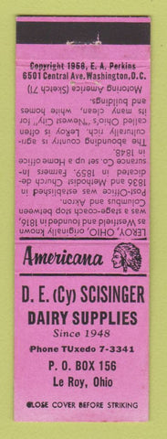 Matchbook Cover - DE Scisinger Dairy Supply Le Roy OH Perkins Americana PINK