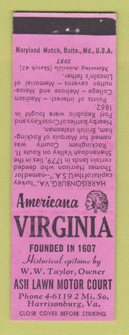 Matchbook Cover - Ash Lawn Motor Court Harrisonburg VA Perkins Americana PINK
