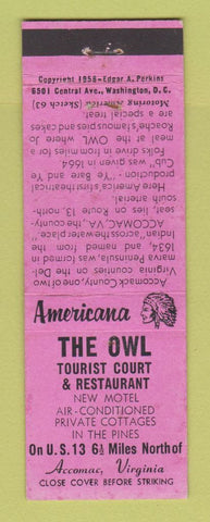 Matchbook Cover - Owl Tourist Court Accomac VA Perkins Americana PINK