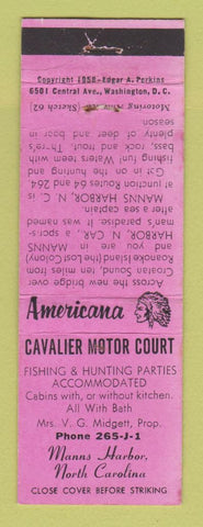 Matchbook Cover - Cavalier Motor Court Manns Harbor NC Perkins Americana PINK