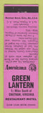 Matchbook Cover - Green Lantern Motel Chatham VA Perkins Americana PINK