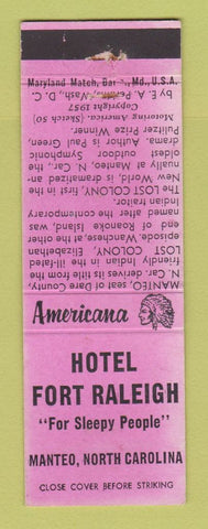 Matchbook Cover - Hotel Fort Raleigh Manteo NC WEAR Perkins Americana PINK