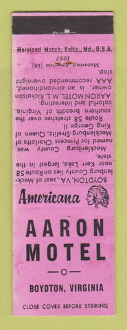 Matchbook Cover - Aaron Motel Boydton VA WEAR Perkins Americana PINK