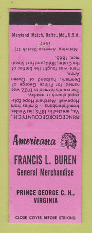 Matchbook Cover - Francis Buren Store Prince Gorge VA Perkins Americana PINK
