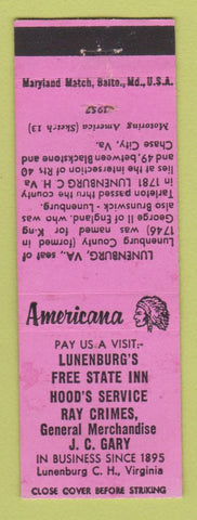 Matchbook Cover - Lunenburg's Free State Inn VA Perkins Americana PINK