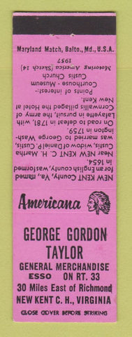Matchbook Cover - Taylor Store Esso oil gas New Kent VA Perkins Americana PINK