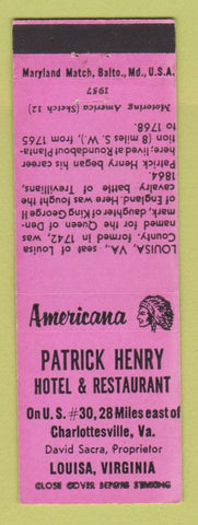 Matchbook Cover - Patrick Henry Hotel Louisa VA Perkins Americana PINK