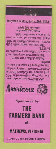 Matchbook Cover - Farmers Bank Mathews VA Perkins Americana PINK