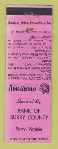 Matchbook Cover - Bank of Surry County VA Perkins Americana PINK