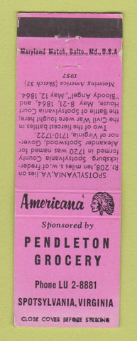 Matchbook Cover - Pendleton Grocery Spotsylvania VA Perkins Americana PINK