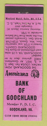Matchbook Cover - Bank of Goochland VA  WEAR Perkins Americana PINK