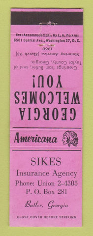 Matchbook Cover - Sikes Insurance Butler GA Perkins Americana PINK