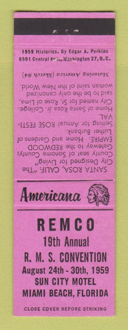 Matchbook Cover - REMCO Match Club RMS 1959 Miami Beach Perkins Americana PINK