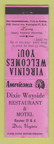 Matchbook Cover - Dixie Wayside Restaurant Dixie VA WEAR Perkins Americana PINK