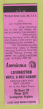 Matchbook Cover - Lovingston Hotel Restaurant VA Perkins Americana PINK