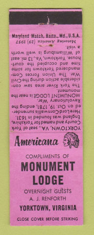 Matchbook Cover - Monument Lodge Yorktown VA Perkins Americana PINK