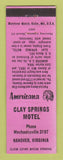 Matchbook Cover - Clay Springs Motel Hanover VA Perkins Americana PINK