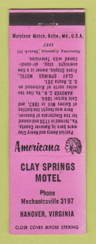 Matchbook Cover - Clay Springs Motel Hanover VA Perkins Americana PINK